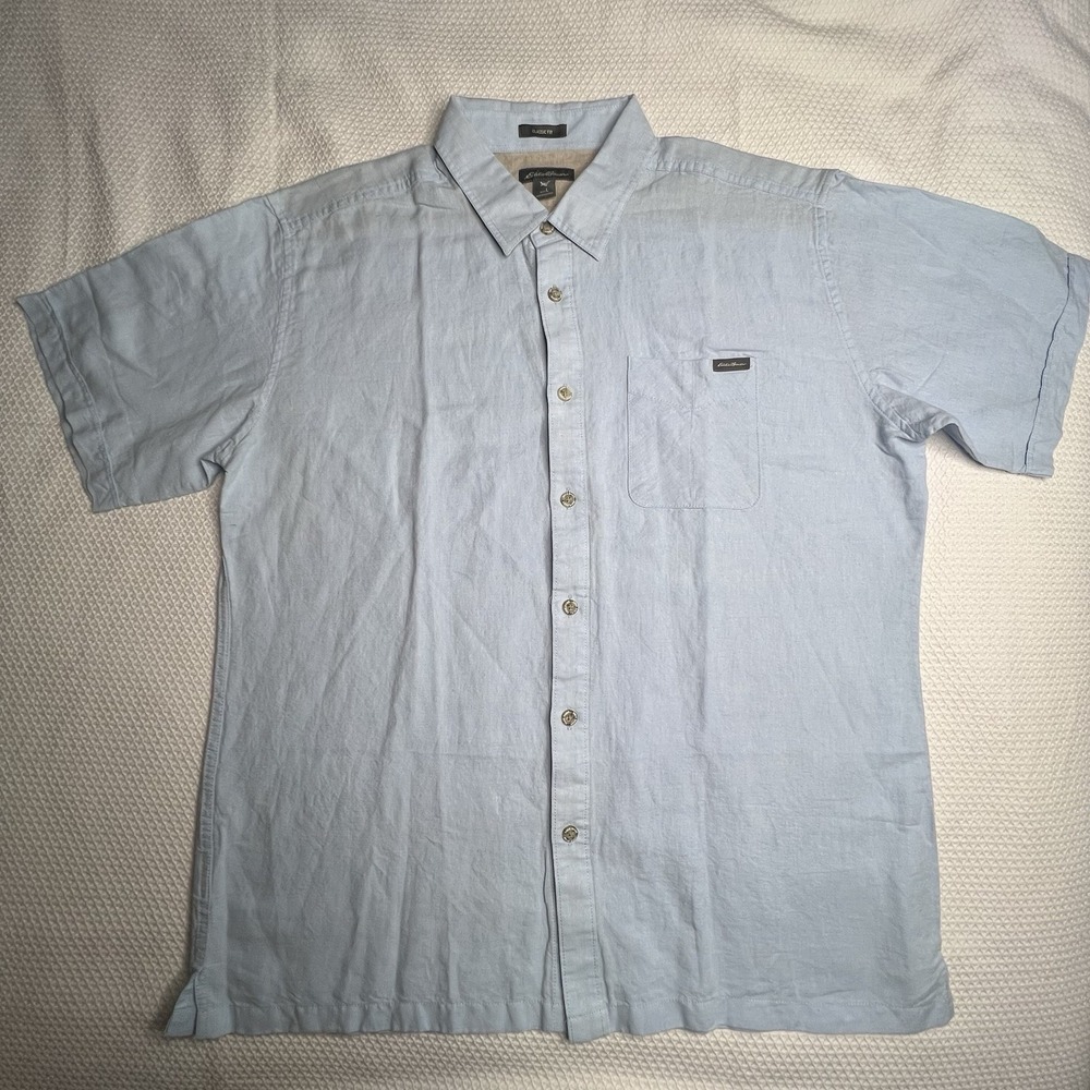 Eddie‎ Bauer Mens Large Blue Classic Fit Short Sleeve Button Down Collared Shirt
